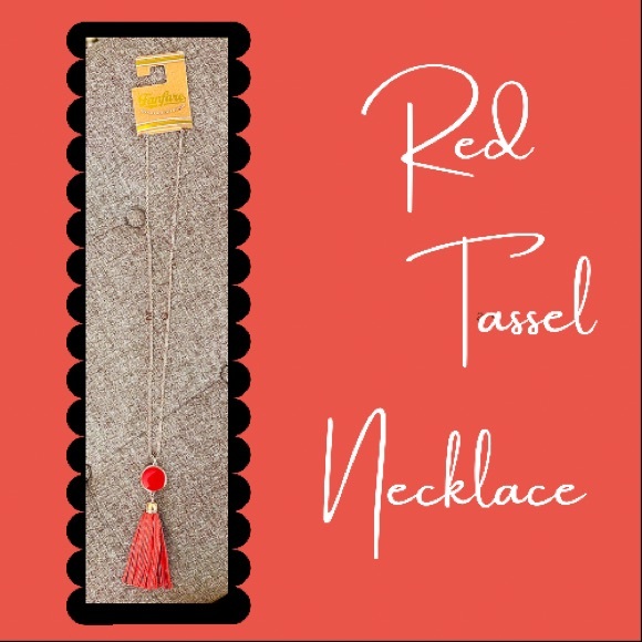 Long red tassel necklace on gold chain by FANFARE - Picture 1 of 4